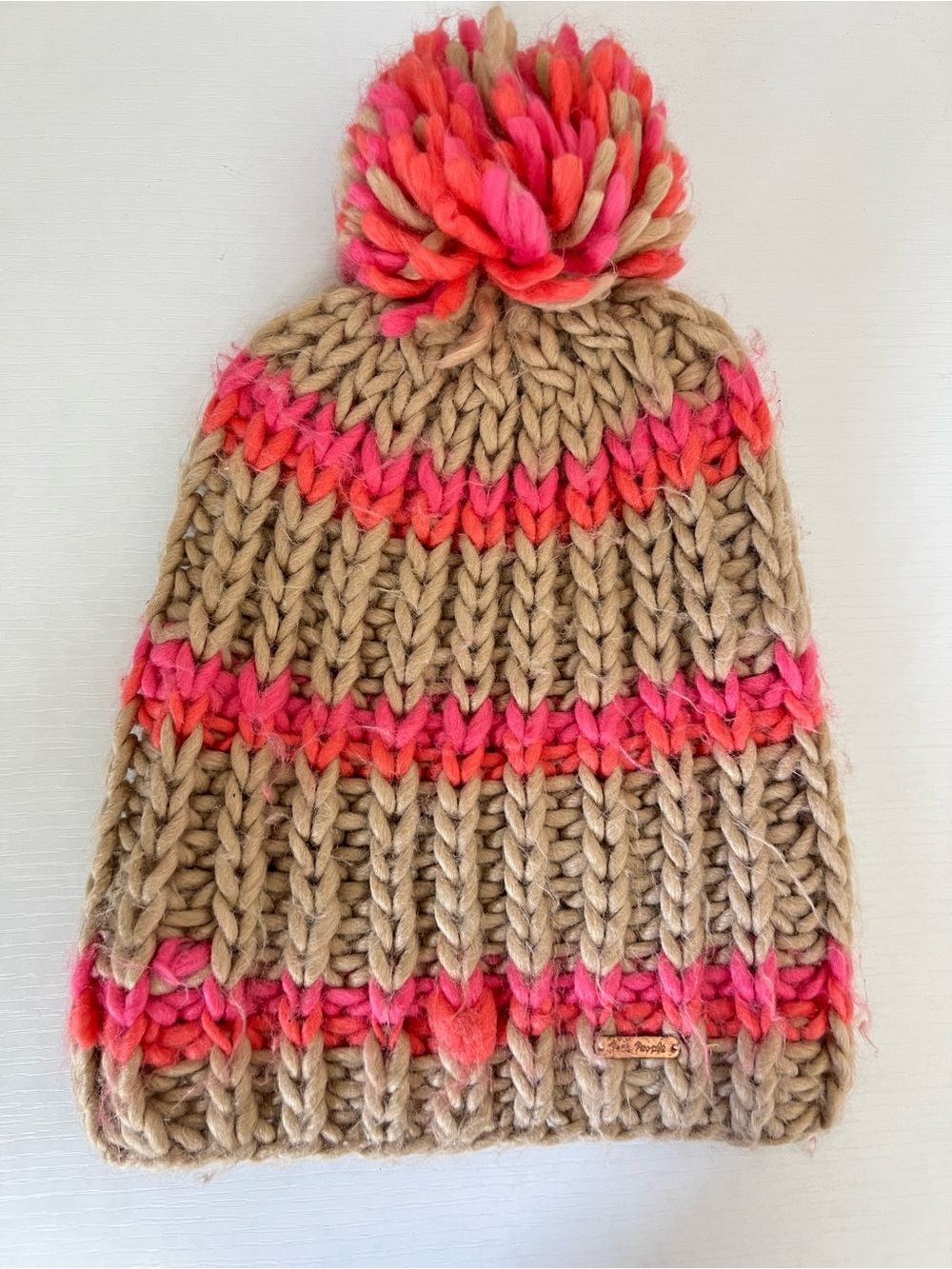 Free People tan brown pink orange striped slouchy pom pom beanie one size - Picture 2 of 6